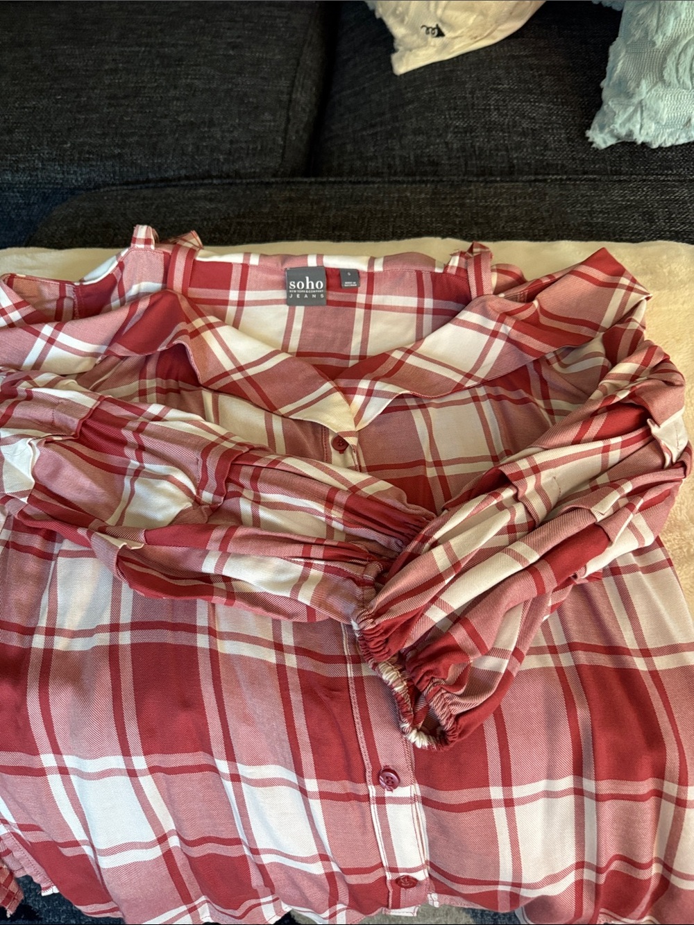 Soho Off Shoulder Button Down Red and White shirt